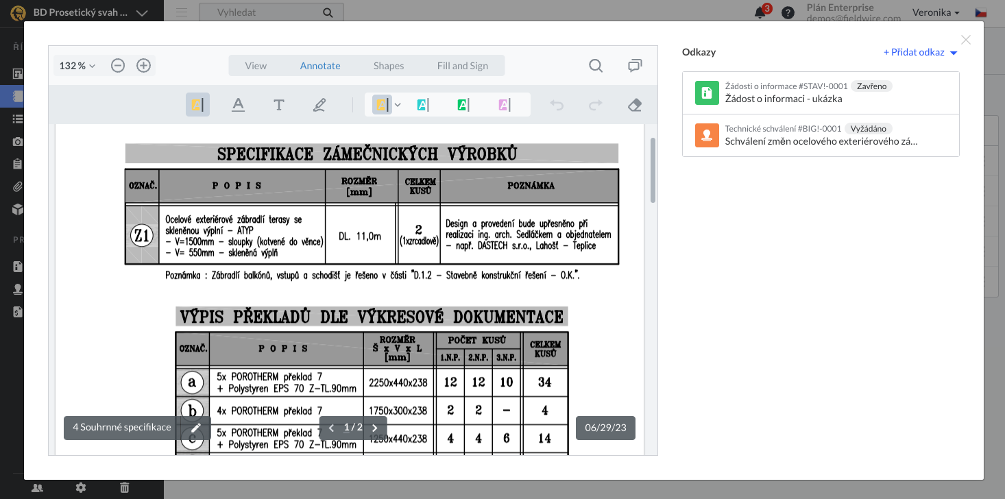 Propojení žádostí o informace, technických schválení a specifikací