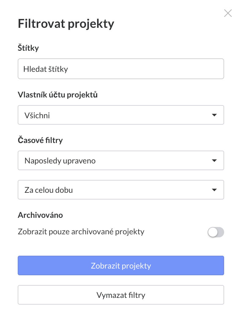 filtrovat projekty vlastnost produktu