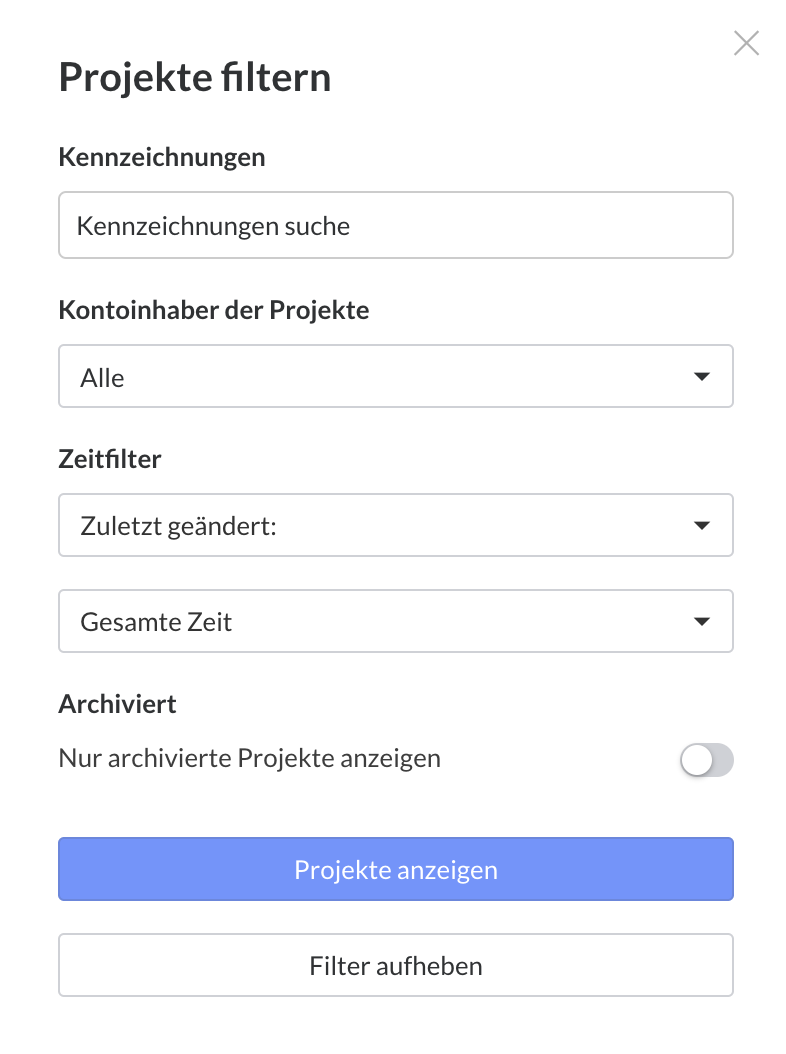 Projekte filtern Produktfunktion